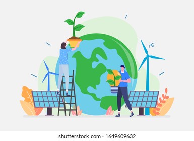 Vector Illustration, Green Clean Energy Concept, Showing green lifestyle using power from green energy, Suitable for landing page, UI, web, App intro card, and others