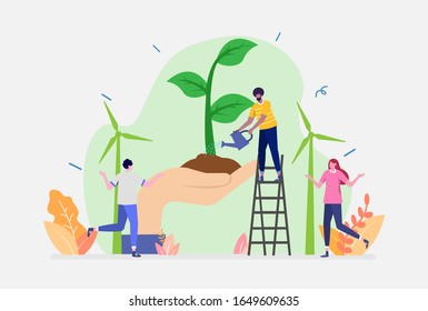 Vector Illustration, Green Clean Energy Concept, Showing green lifestyle using power from green energy, Suitable for landing page, UI, web, App intro card, and others