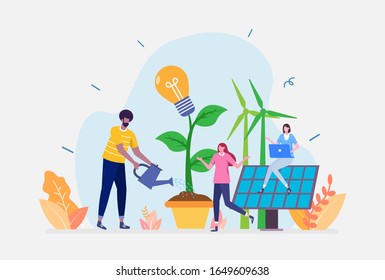 Vector Illustration, Green Clean Energy Concept, Showing green lifestyle using power from green energy, Suitable for landing page, UI, web, App intro card, and others