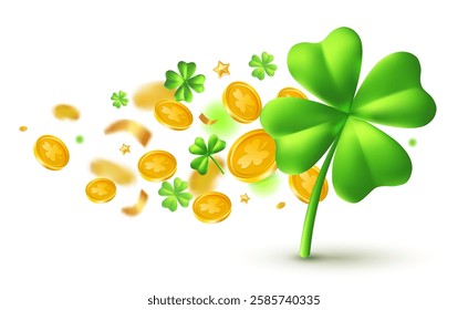 Vector illustration of green clover and fly leprechaun gold coin with shamrock. 3d style design of realistic irish green clover and golden coin for st patrick day celebration banner, party poster