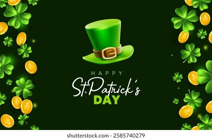 Vector illustration of green clover and golden coin with happy saint patricks day word and irish leprechaun hat. 3d style design of template with hat, clover and gold for st patrick day banner