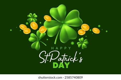 Vector illustration of green clover and leprechaun gold coin with happy saint patricks day word. 3d style design of irish clover and golden coin for st patrick day celebration banner, party poster