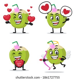 vector illustration of green coconut mascot or character collection set with love or valentine or love theme