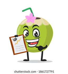 vector illustration of green coconut mascot or character presentation with clipboard