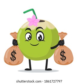 vector illustration of green coconut mascot or character holding sacks of money