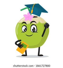 vector illustration of green coconut mascot or character graduation hat and holding book