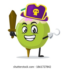 vector illustration of green coconut mascot or character wearing pirates costume and holding wooden sword