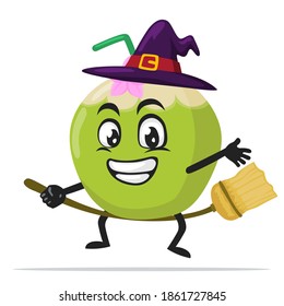 vector illustration of green coconut mascot or character wearing witch costume and ride flying broom