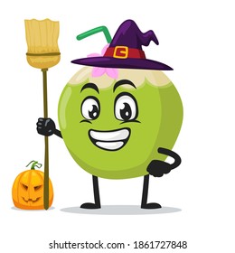 vector illustration of green coconut mascot or character wearing witch costume and holding broom