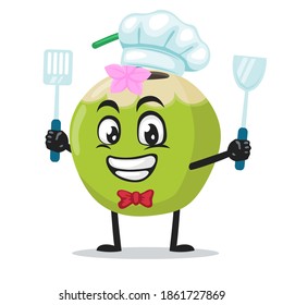 vector illustration of green coconut mascot or character wearing chef hat and holding spatula