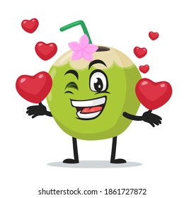 vector illustration of green coconut mascot or character bring love symbols