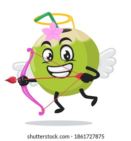 vector illustration of green coconut mascot or character wearing cupid costume and holding a bow