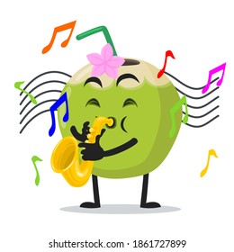 vector illustration of green coconut mascot or character playing saxophone