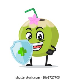 vector illustration of green coconut mascot or character holding shield for protection
