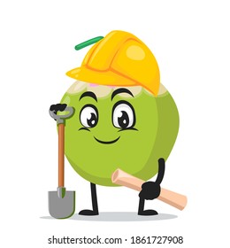 vector illustration of green coconut mascot or character wearing builder costume