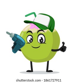 vector illustration of green coconut mascot or character holding hand drill