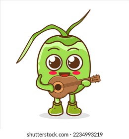 vector illustration of green coconut mascot or character playing guitar