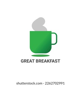 A vector illustration Green coffee mug icon and Steam with best Great Breakfast text isolated on white background. Use for Hotels, bar, company.