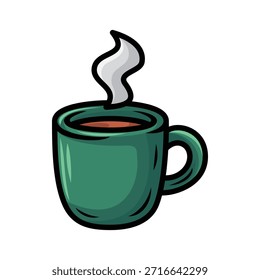 Una Ilustración vectorial de una taza de café verde con vapor caliente que se eleva sobre ella. Diseñado con contornos llamativos, sombreado suave y reflejos suaves que lo hacen perfecto para logotipos, pegatinas, estampados de ropa y Diseños gráficos modernos.