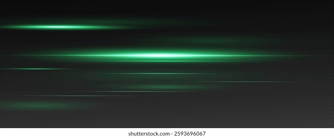 Vector illustration of green color, abstract laser speed lines. Glare, horizontal light rays png. Glowing linear background. A set of bright suns.