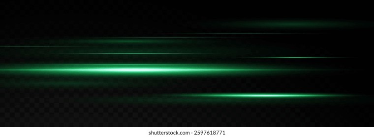 Vector illustration of green color, abstract laser speed lines. Glare, horizontal light rays png. Glowing linear background.