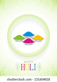 vector illustration of green color background design for Indian festival Holi with a circular frame and plates of colors.