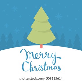 Vector illustration of green color christmas fir tree with handwritten text merry christmas on forest background. Flat style design for web, site, banner, poster, print, greeting card