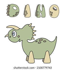 Vector illustration in green color with cute cartoon dinosaur and lettering “Dino” . Little children’s character. 