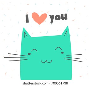 Vector illustration of green color head of cartoon cat with inscription. Lovely happy kitten smiles on white background. Simple geometric flat style design for romantic valentine day greeting card