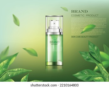 vector illustration green color realistic cosmetic spray bottle and leafs design template.on the green color glittering background,use for skin care herbal beauty product ad design.