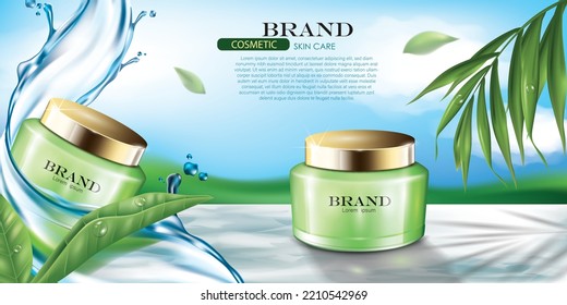 vector illustration green color realistic cosmetic cream jars and water splashing design template. on the beautiful outdoor background,use for cosmetic advertising template.