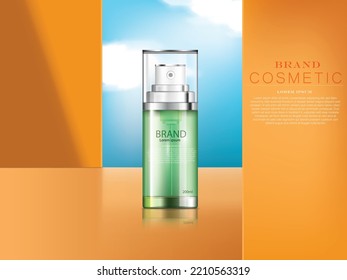 vector illustration green color realistic 3D cosmetic spray bottle on the yellow color 3D room podium.beautiful sky behind it,use for cosmetic ad design.