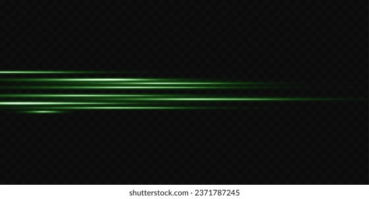 Ilustración vectorial en color verde. Conjunto de efectos de iluminación. Resplandor y destellos. Rayos luminosos. Líneas brillantes. Ilustración vectorial. Polvo.Neón