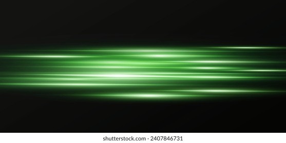 Vector illustration in green color. Set of lighting effects. Glare and flashes. Bright rays of light. Glowing lines. Vector illustration. Dust.Neon