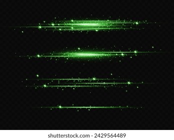 Vector illustration in green color. Set of lighting effects. Glare and flashes. Bright rays of light. Glowing lines. Vector illustration. Dust.Neon