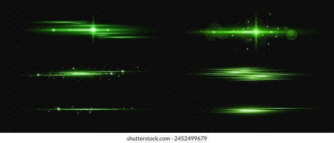 Vector illustration in green color. Set of lighting effects. Glare and flashes. Bright rays of light. Glowing lines. Vector illustration. Dust.Neon