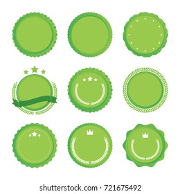 Vector illustration of green colored circle emblems with different ribbons. 