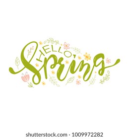 Vector illustration of green colored Hello Spring words with flowers in lettering. 