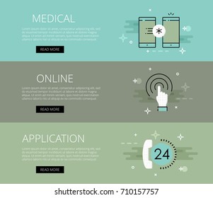 Vector illustration of green colored medical online application web banner. 