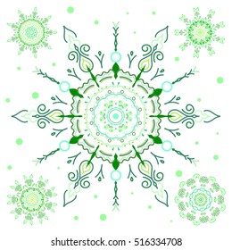 Vector illustration in green colors on white background. 5 snowflakes winter New Year frame.