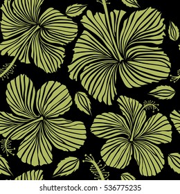 Vector illustration in green colors on a black background. Seamless tropical flower, hibiscus pattern.