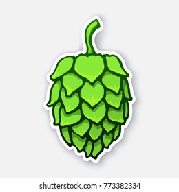 Vector illustration. A green cone of hop. Symbol of alcoholic beverage. Sticker with contour. Isolated on white background. Decoration for patches,  prints for clothes, emblems, signboards,  labels