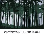 Vector illustration of green coniferous deep forest with tall trees, under grey cloudy sky