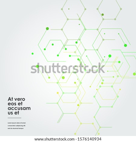 Vector illustration green connect hexagons connect abstract background. Technology dots and broken lines