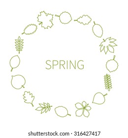 Vector illustration: green contours of tree leaves (beech, ash, linden, birch, alder, aspen, willow, maple, poplar, oak, acacia, chestnut, conker etc.) in form of wreath and the inscription "Spring" 