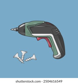 Vector illustration of a green cordless screwdriver,with screws