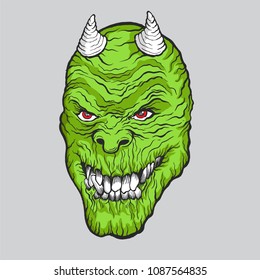 Vector illustration with a Green Creature  head . Used for sticker, poster, banner, web, t-shirt print, pin, bag print, badges, flyer design. 
