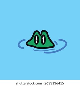 Vector illustration of a green crocodile design in a lake with only the top of its head, forehead and eyes visible.