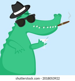 Vector illustration of a green crocodile in sunglasses, in a hat, with a cigar and a glass of martini with a cherry inside. Summer illustration