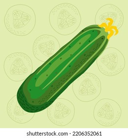 Vector illustration of a green cucumber on a light green background with cucumber slices background in flat style.